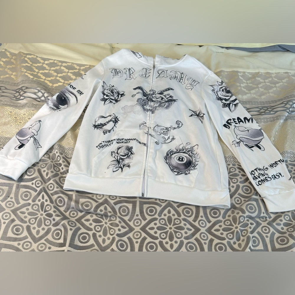 Shein White Graphic Zip-Up Hoodie